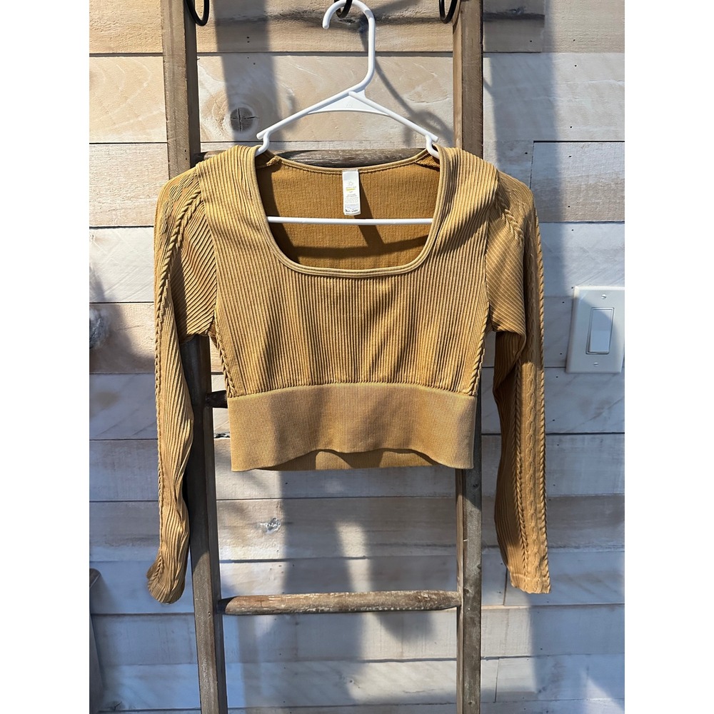 OFFLINE by Aerie Ribbed Square Neck Crop Top Mustard Yellow Braided Sleeve S/P